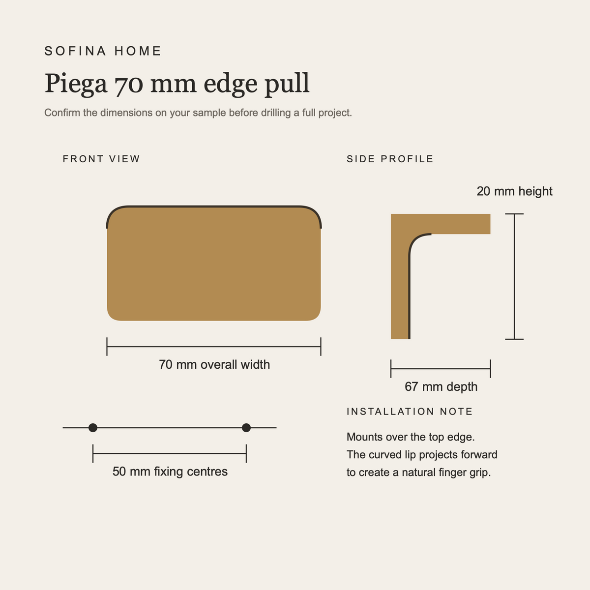 Piega 70 mm Solid Brass Curved Edge Pull