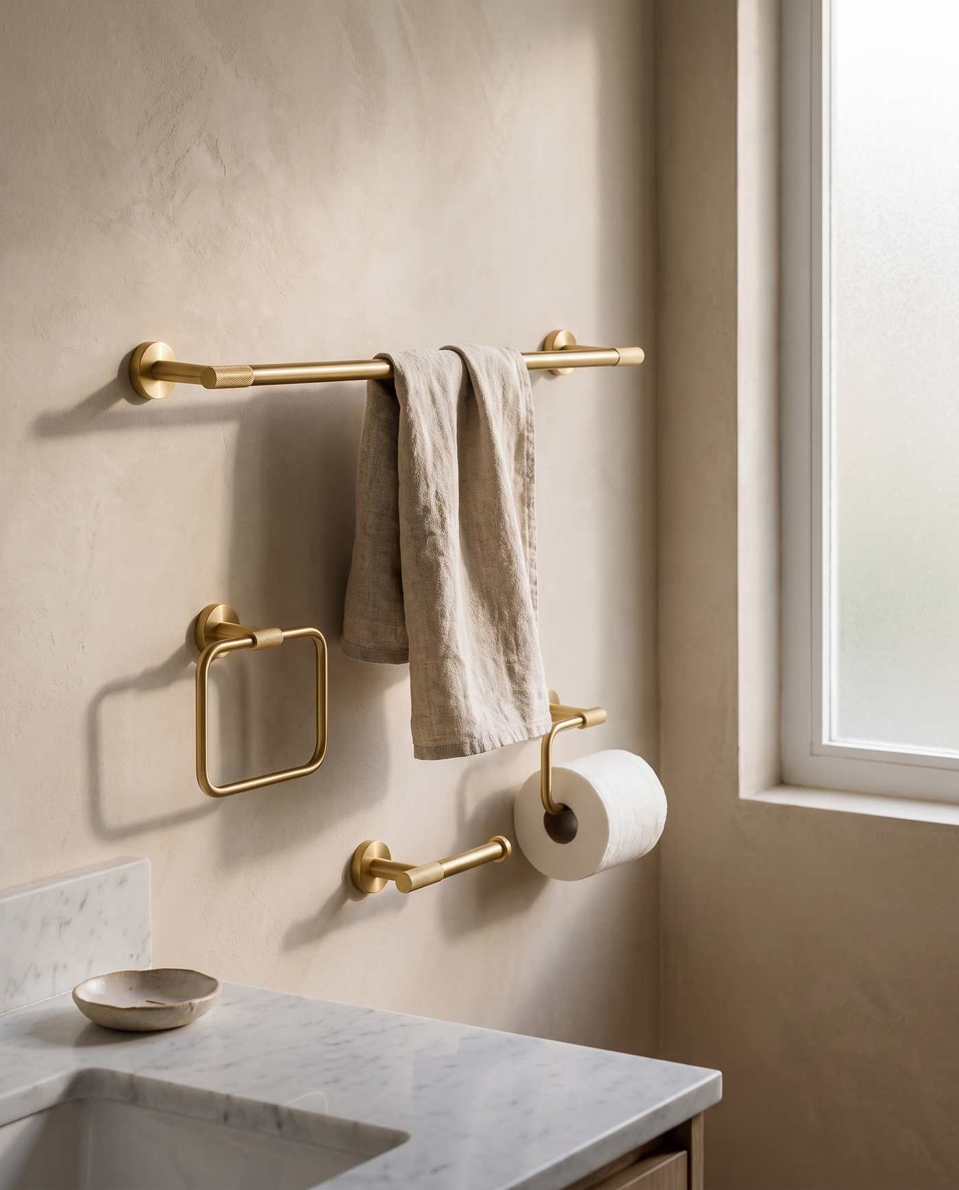 Cadenza Knurled Brass Bathroom Accessory Suite