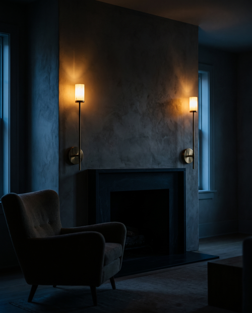 A pair of Alto alabaster wall lamps in brass flanking a stone fireplace at night