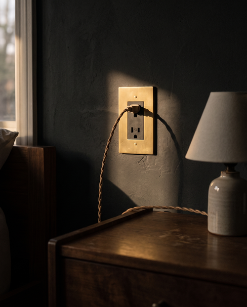 Brio Brass Outlet in brushed brass, on a plaster wall above walnut skirting