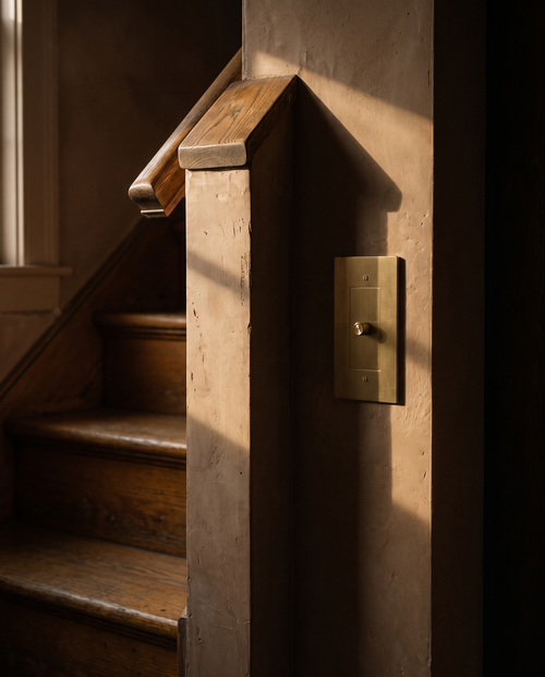 Brio Brass 3 Way Rotary Dimmer in brushed brass, on a navy panelled hallway wall at dusk