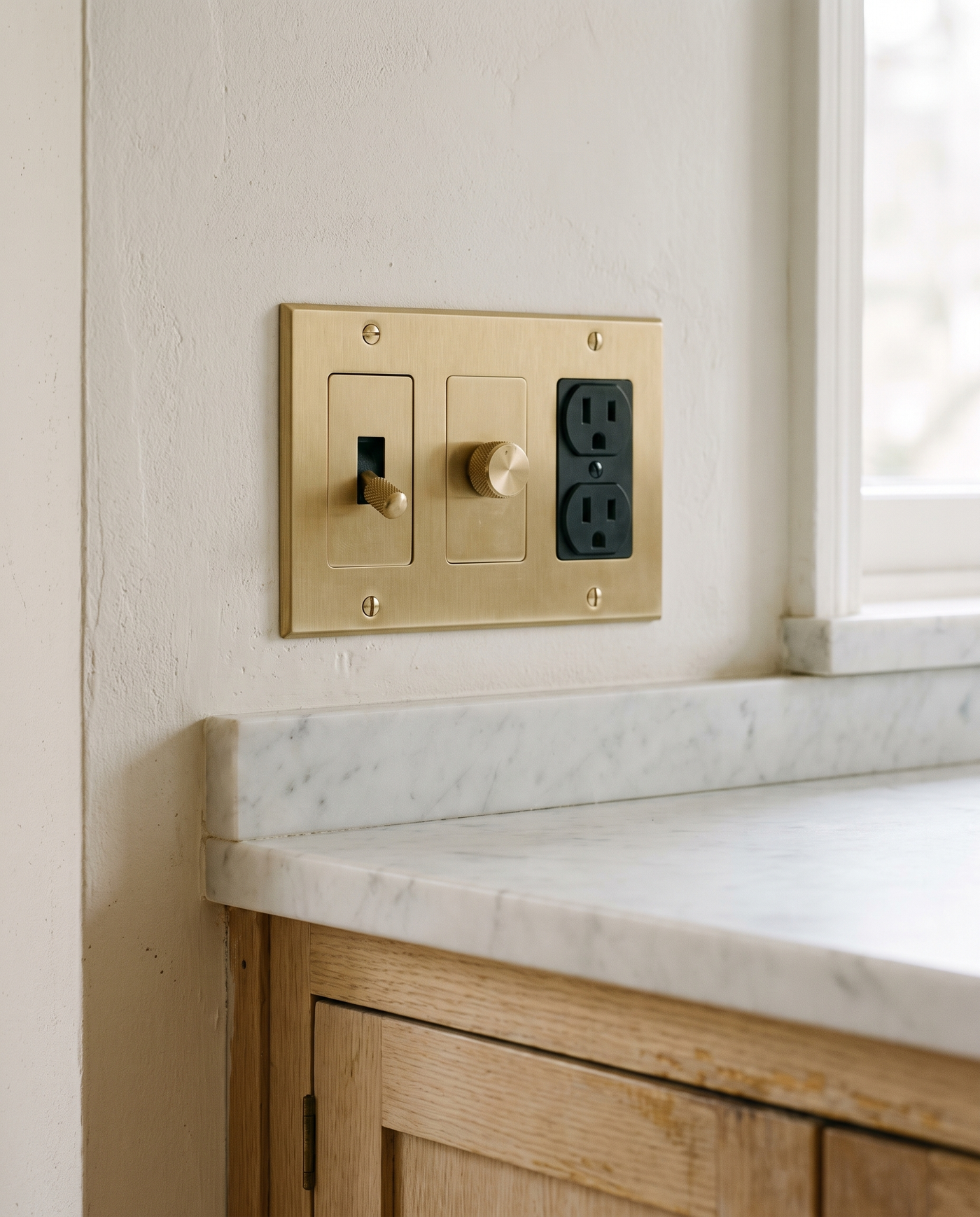 Brio Build Your Own Brass Switch in brushed brass, on a hallway wall in morning light