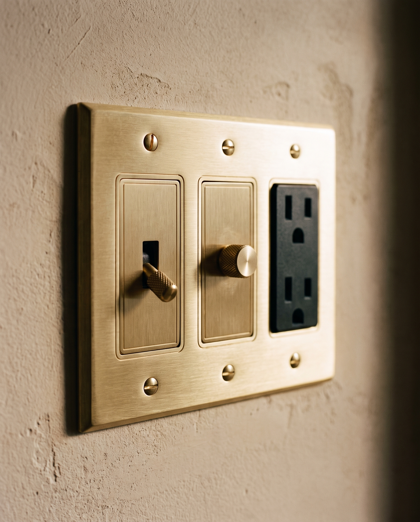 Brio Build Your Own Brass Switch, close up of the toggle, dial and outlet in one brushed brass plate
